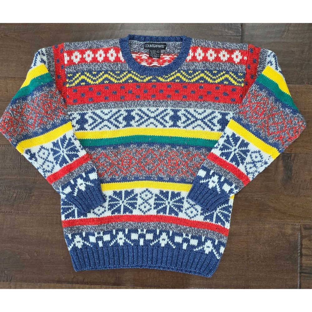 VTG Nordic Ski Lodge Multi-Color Fair Isle Knit Sweater L Snowflake Geometric